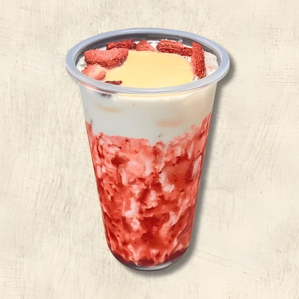 A clear cup filled with layered strawberry puree, white cream, and a yellow custard topped with dried strawberries.